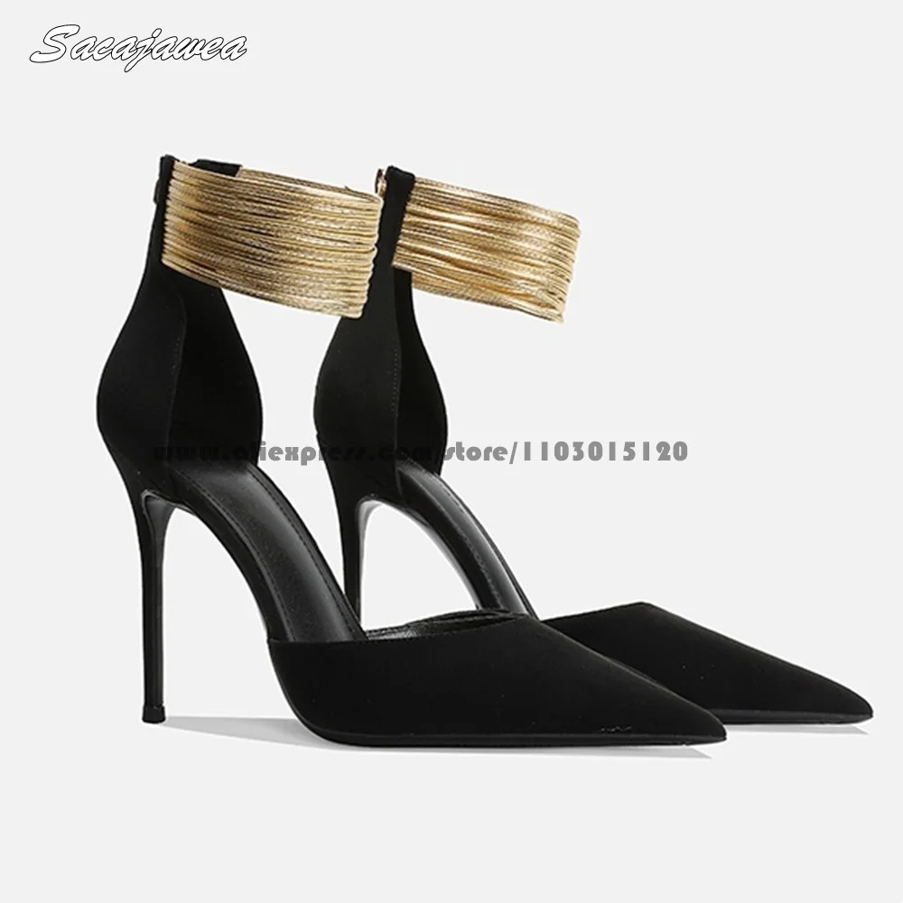 Sheepskin Sole Cow Suede Metal Decoration Sandals Pointed Toe Back Zipper Sexy Lady Pumps Gold Anklet Strap Shallow Grace Shoes