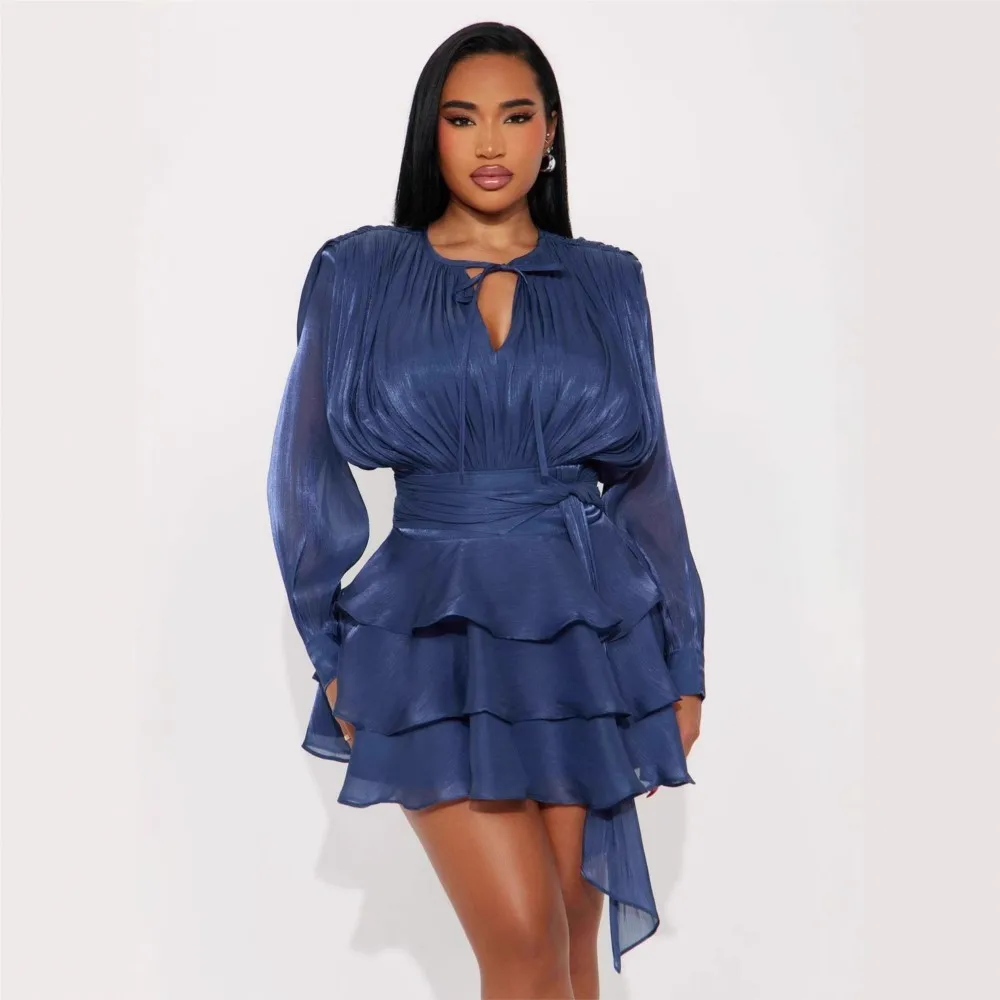 

Lace-up Pleated Cake Dress Spring Summer Women's New Solid Color Casual Long-sleeved Sexy Hollow Lace-up Short Dress Ropa Mujer