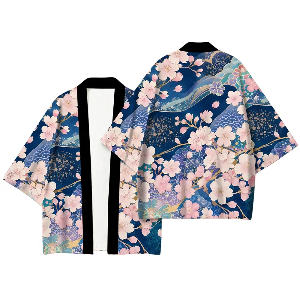 Fashion 3D Sakura Wave Printed Haori Kimono Cardigan for Men Women Summer Beach Casual 1/2 Sleeve Yukata Cover Up Tops