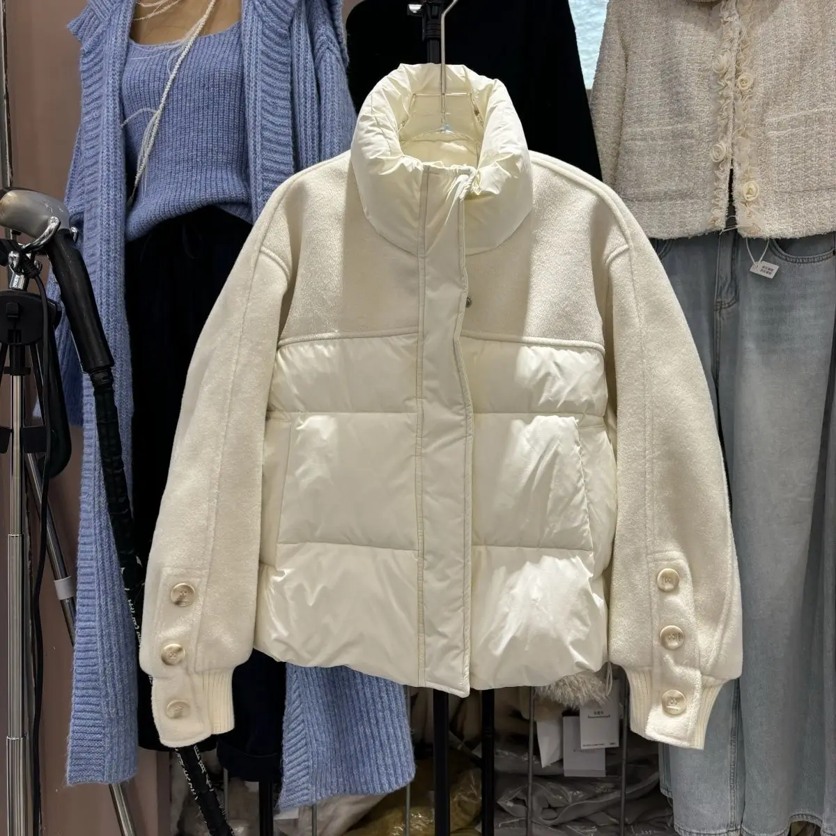 가을, 겨울 새로운 여성 다운 재킷 통근 모직 접합 스탠드 업 칼라 짧은 재킷