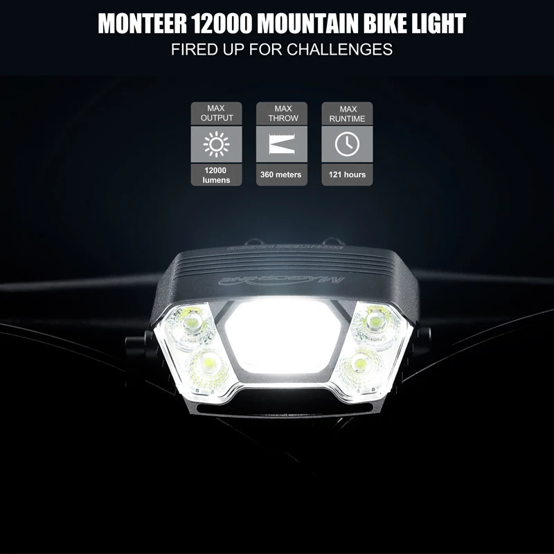 MONTEER 12000 Mountain Bike Light,IPX6 Waterproof 12000 Lumen Max Output,20,000mAh Type-C Battery Pack with Reverse Charging