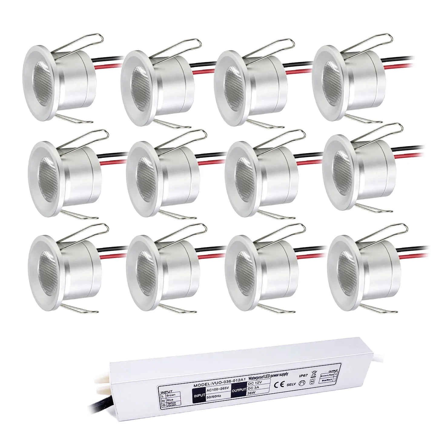 Kit de mini-spots LED encastrables 6/12 DC12V 2W IP65 pour salle de bain, cuisine, abri de voiture, escaliers, découpe 25-27mm avec transformateur 230V