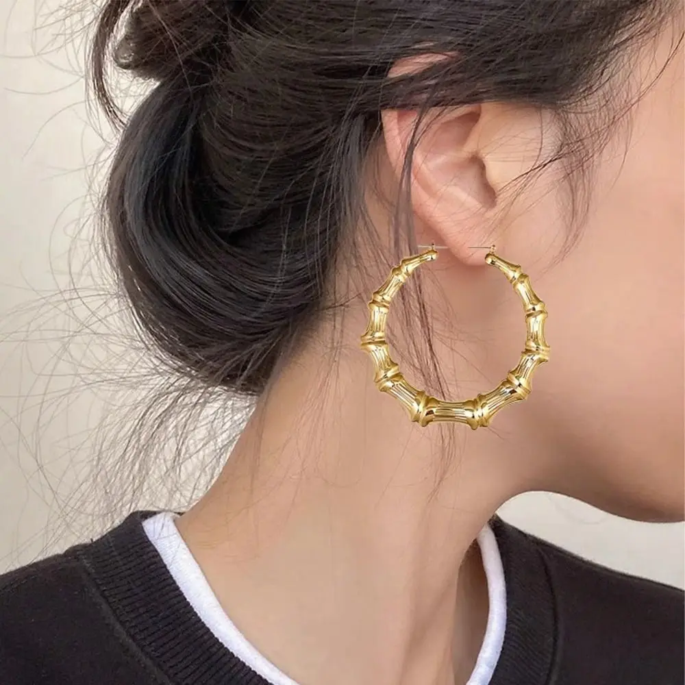 الأوروبية الأمريكية الخيزران المشتركة الأقراط الخيزران الملمس الرجعية تصميم كبير جولة الأطواق دائرة كبيرة أنيقة #3