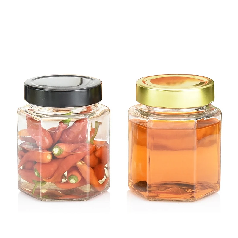 

Hexagonal Glass Honey Jars with Gold Covers, Sealed Glass Bottle, Wedding, Birthday Party, Return Gifts, 280ml, 10 Units