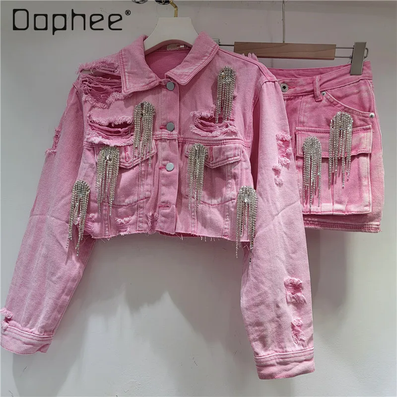 

Pink Distressed Top Heavy Rhinestone Tassel A-line Skirt Two-piece Set Denim Short Skirt Sets 2025 New Mini Y2K Skirt