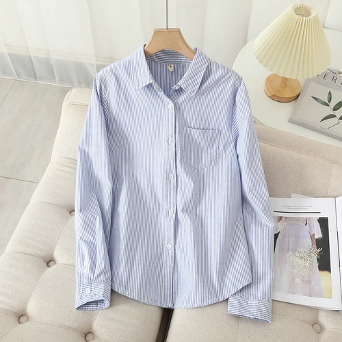 Imagen 2 del producto Camisa Oxford de algodón para mujer, blusa informal y Tops de estilo universitario, camisas a rayas azules y blancas, novedad de Otoño de 2024