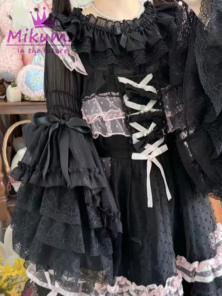 Mikumn-blusas Harajuku Y2k Lolita para Mujer, camisas de manga acampanada con volantes de lazo de encaje dulce victoriano, camisa japonesa Kawaii,