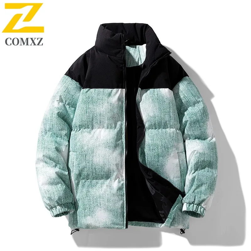 COMXZ 2025 Mens Womens Gradient Color Block Puffer Jacket Hong Kong Street Style Loose Fit Trendy Couple Casual tactics Coat