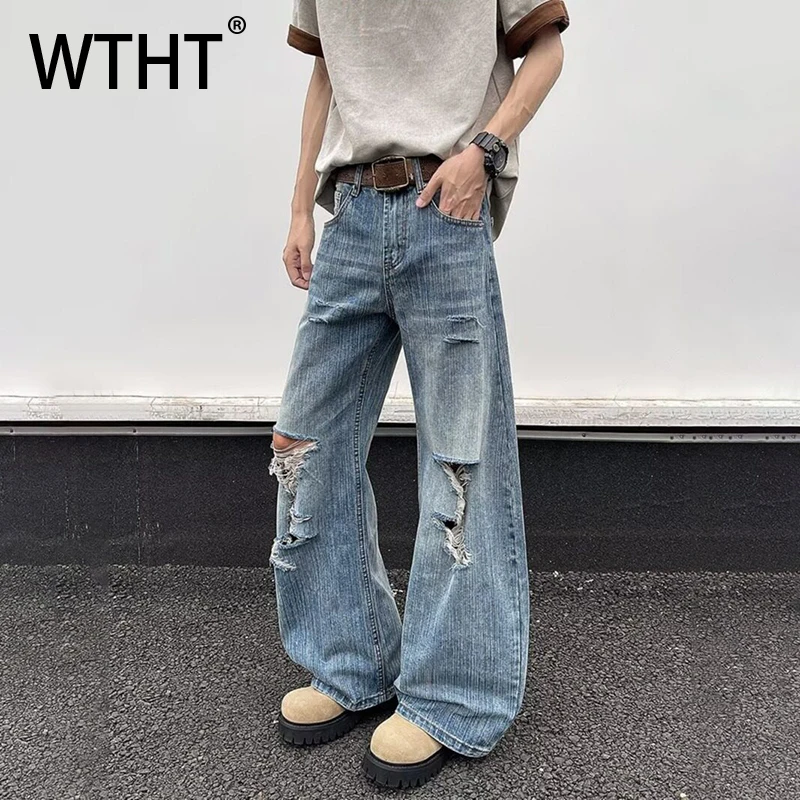 

WTHT Fashion Men's Wash Hole Burr Edge High Street Denim Pants Vintage American Style Wide Leg Jeans Male 2025 Summer 2A1217