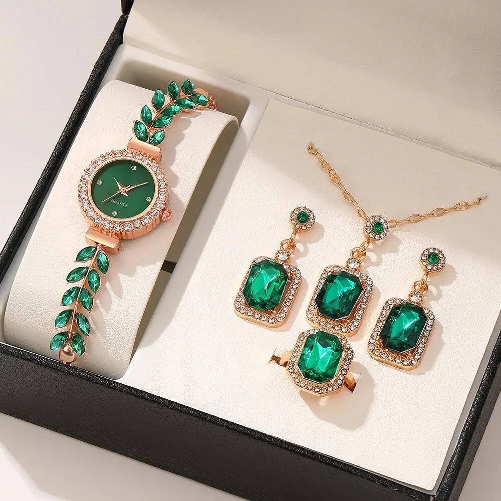 5PCS Set Luxury Leaf Watch Women Ring Necklace Earring Rhinestone Fashion Watch Casual Ladies Bracelet Watches Montre Femme