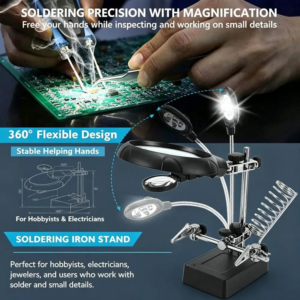 3.5X 12X Desk Welding Helper Magnifier Station, LED Light Alligator Clamp Holder Solder Iron Support for Electronics DIY Repair