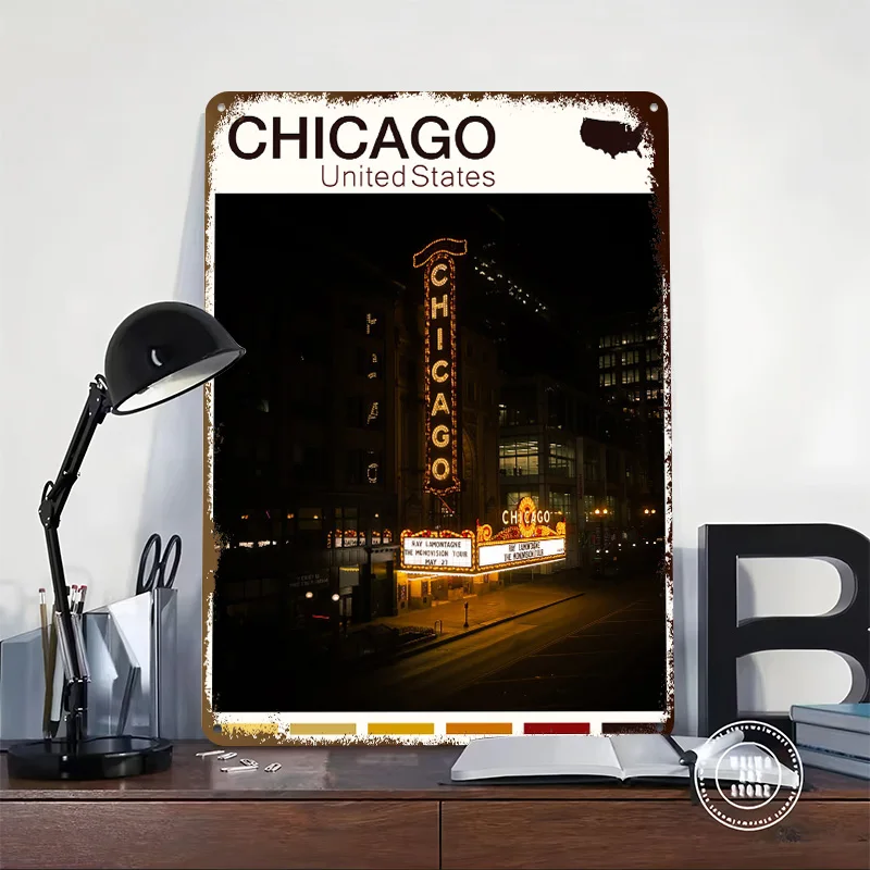 CHICAGO TRAVEL Metal Poster Custom Wall Art Retro Vintage Tinplate Signs for Man Cave Decoration Home Decorations Office Decor