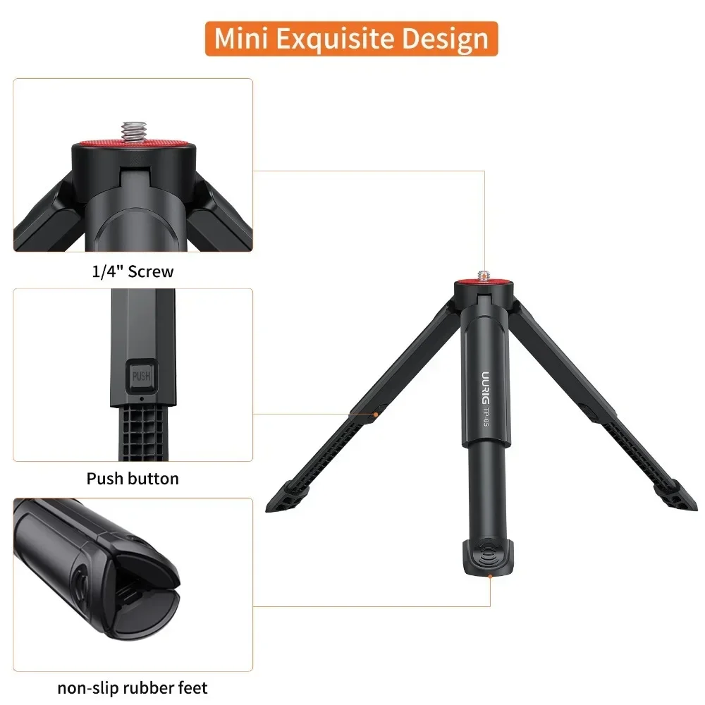 Tripod meja TP-05 dapat diperpanjang, dudukan Tripod Mini dengan sekrup 1/4 inci untuk kamera penjepit ponsel kepala bola