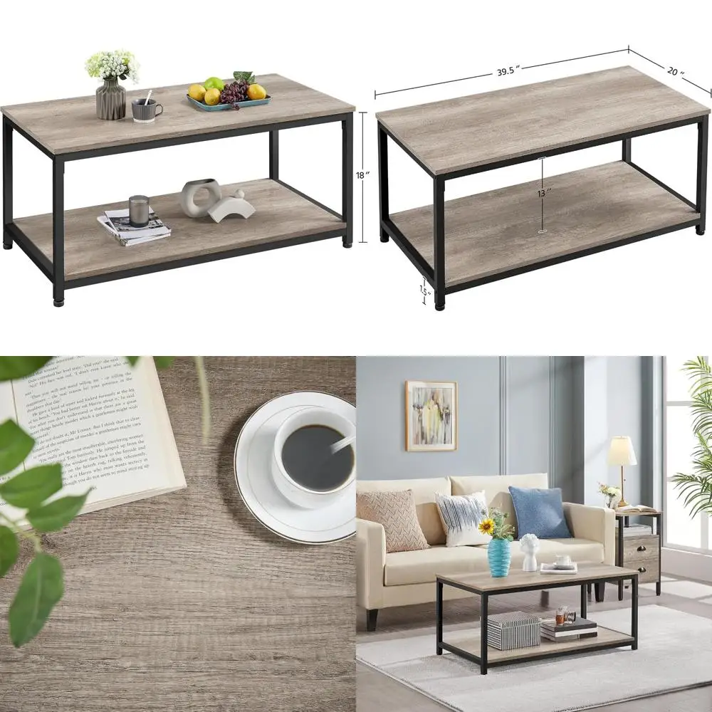 Stolik kawowy Industrial Gray, 100 cm, 2-poziomowy, z półką do przechowywania, łatwy montaż, drewniany stolik centralny do salonu