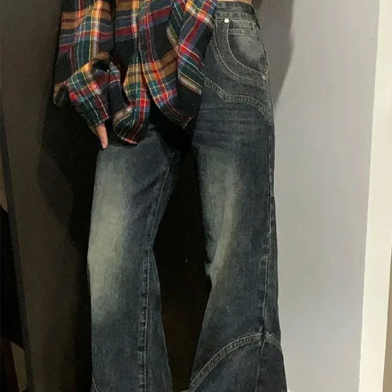 Amerikanischen Retro High Street Micro Ausgestelltes Jeans frauen Herbst Winter Spleißen Design Sinn Hohe Taille Gerade Bein Hosen Frauen