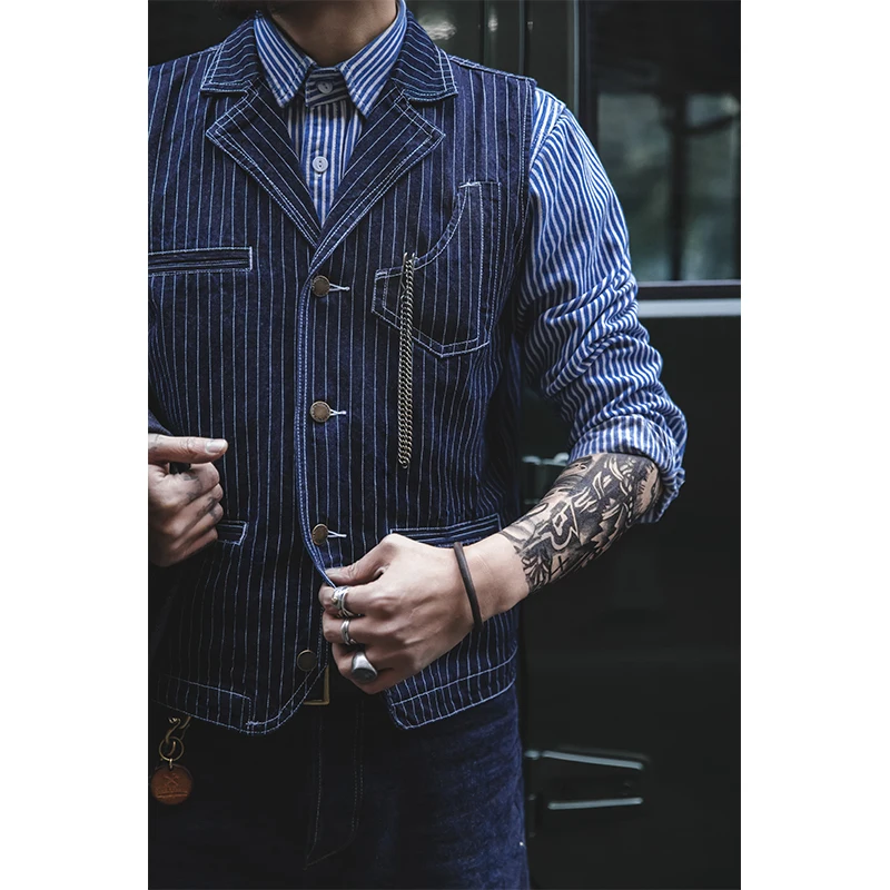 Firmranch Men Fall Spring NEW Stripe Denim Lapel Motorcycle Hunting Vest Suit American Vintage Amekaji Cargo Sleeveless Jackets