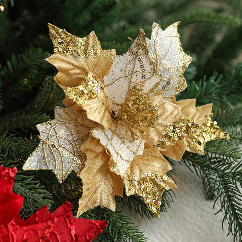 Flores artificiales de Navidad para decoración del hogar, 2 piezas, árbol de Feliz Navidad, flores falsas