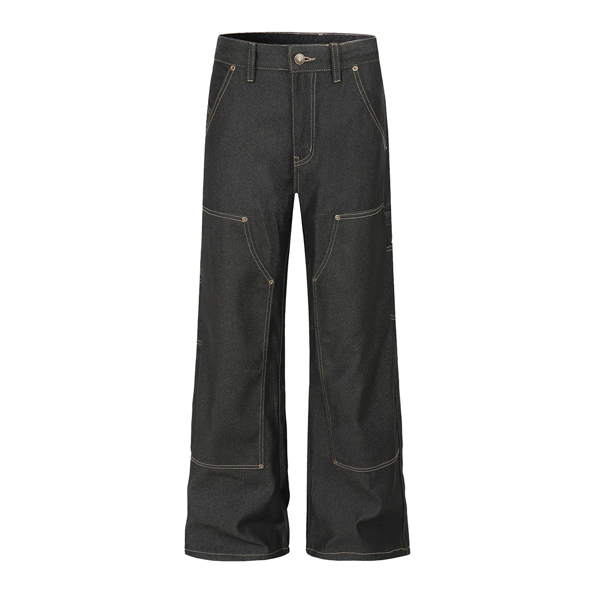 American Streetwear Black Double-Front Utility Logger Jean Vintage Wide Leg Logging Denim Dungaree Baggy Casual Work Trousers