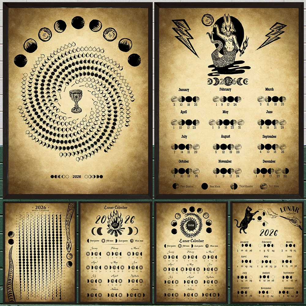 Witchy Lunar 2026 Moon Calendar Vintage Wall Art Canvas Painting,2026 Moon Phases Magic Calendar Art Poster Print Home Decor