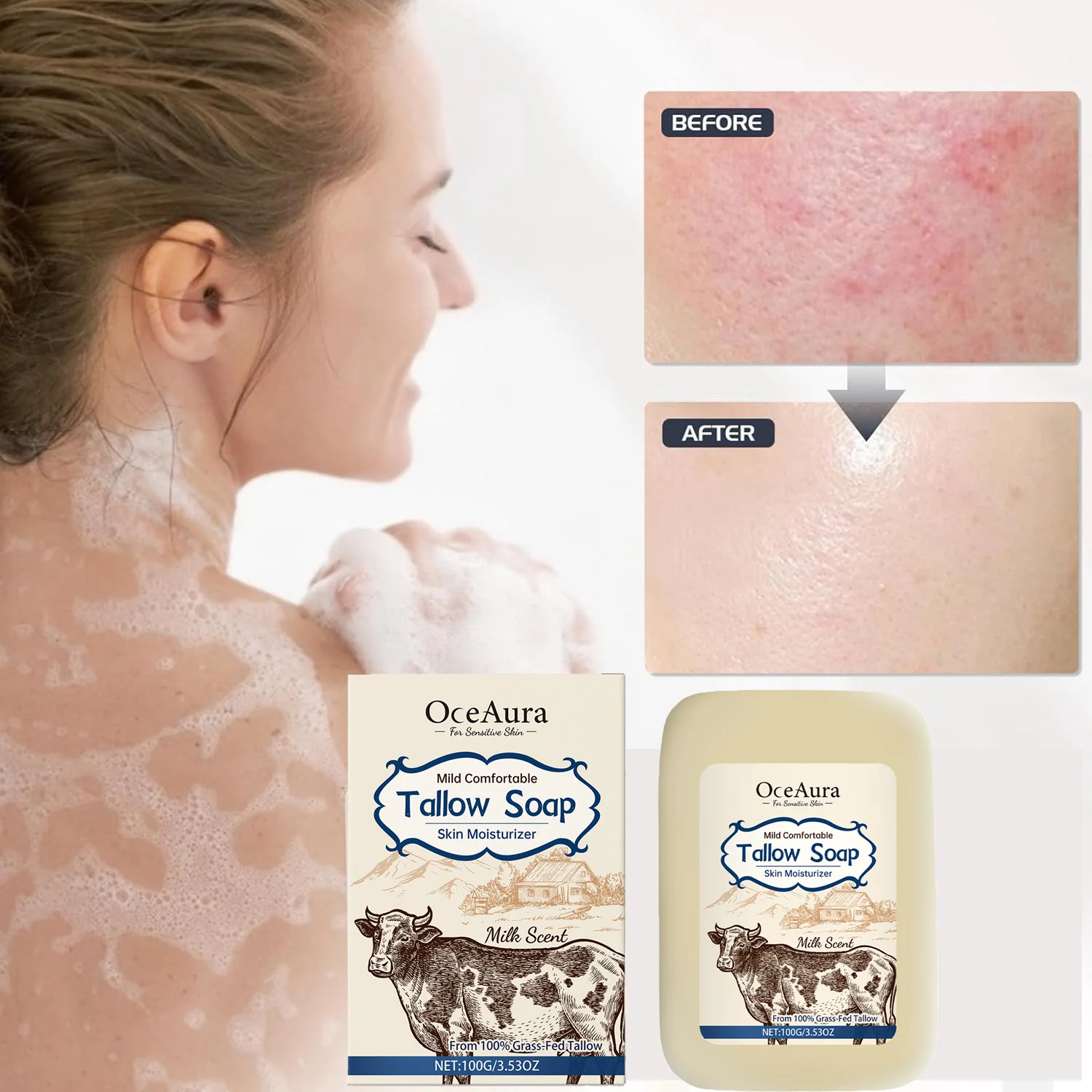 

Natural Grass Fed Tallow Soap Skin Moisturizing Face & Body Wash Beef Tallow Bar Handcrafted Bath Soap Skin Moisturizing Care