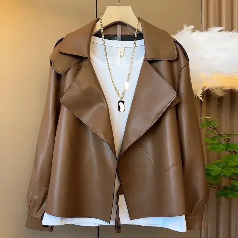 Fashion Short Lapel Cardigan PU Leather Jacket Loose Casual Women Jackets 2024 New Spring Autumn High-End Korean Motorcycle Coat