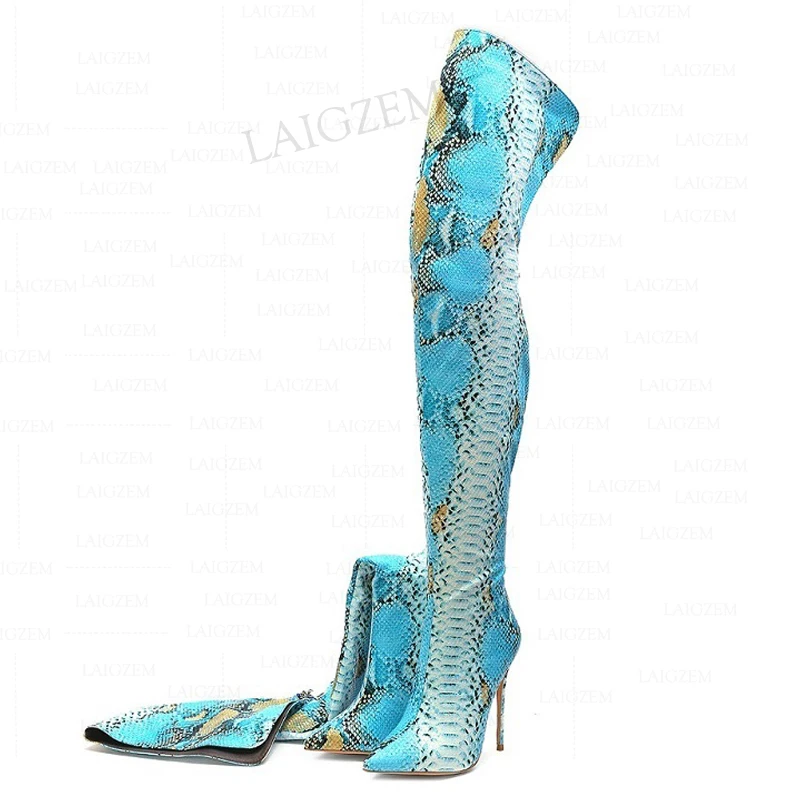 

LAIGZEM Women Thigh High Boots Snake Back Zipper Stiletto High Heeled Boots Stiefel Ladies Shoes Woman Large Size 37 39 42 45