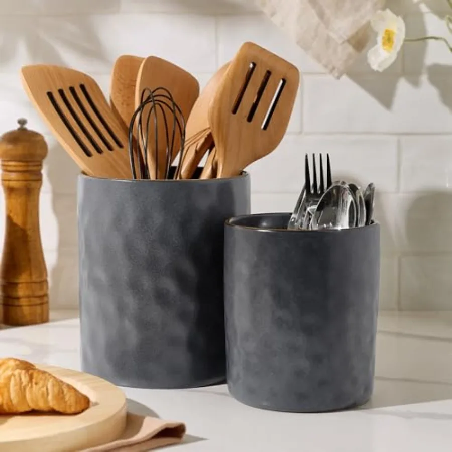 

Ocean Utensil Holder 7.2"+5.8" Ceramic Kitchen Utensil Holder for Countertop 2 Pieces Cooking Utensil Crocks Utensil Organizer
