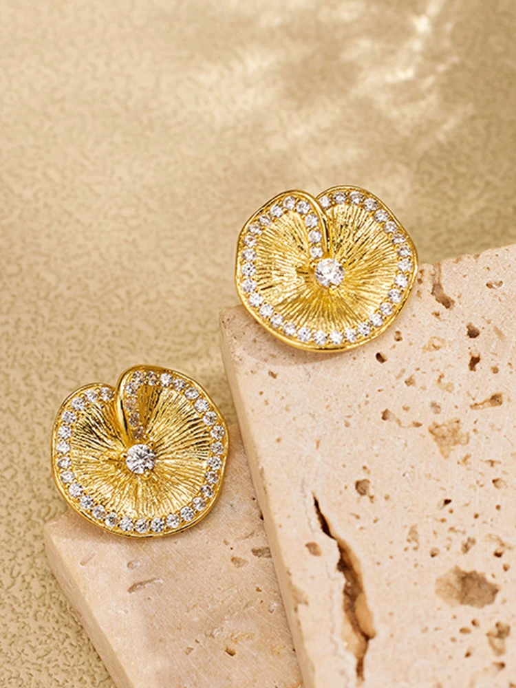 Vintage S925 Lotus Leaf Pleated Texture Earrings For Women