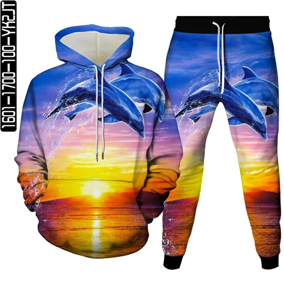 Men Fashion Tracksuit Sets Shark Dolphin Fish Creative Animal 3D Print Clothes Hoodie+Trousers Women Casual Sportwear Size S-6X