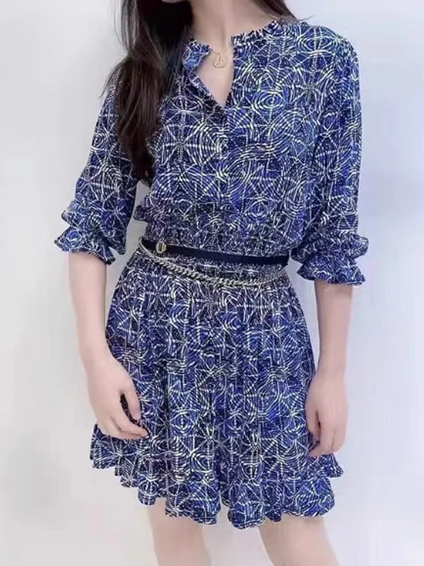 

Spring Summer New Women's Floral Print Stand Collar Elastic Waist Short Dress Skirt Thick Basic Style mid Waist Gel Fiber