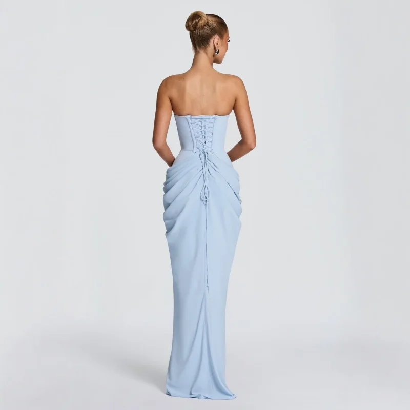 Strapless fishbone long dress with crossed straps at the back, side waist pleats, slim fit fish tail banquet evening gown