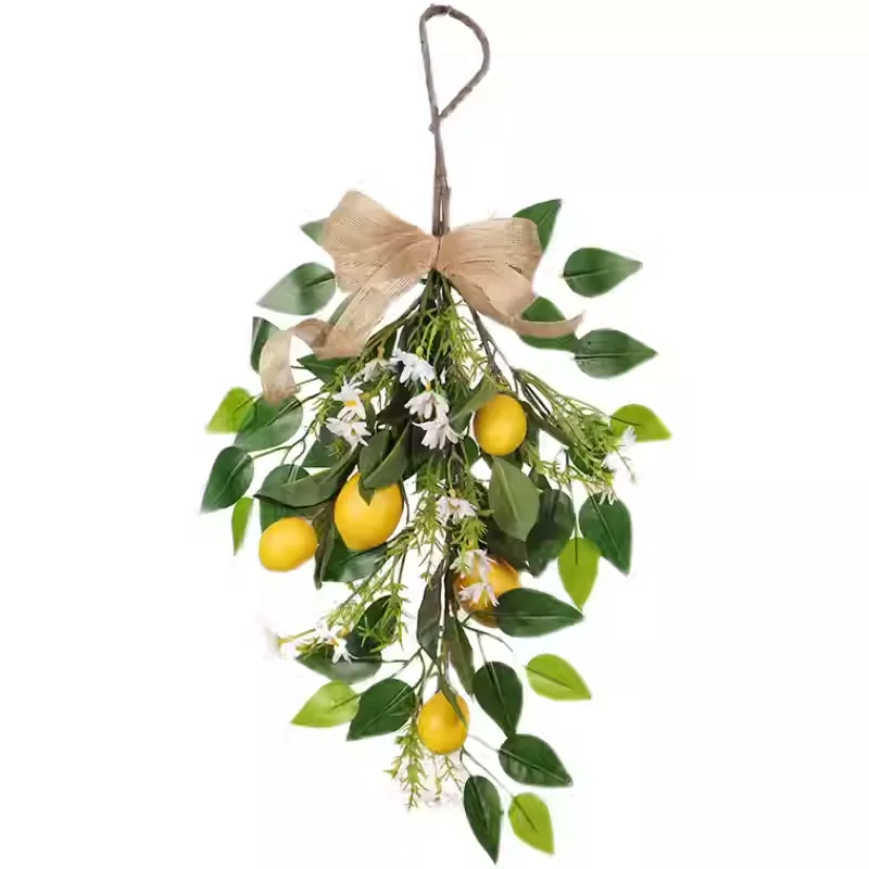 

Искусственный лимонный венок-капля для шкафов с белыми маргаритками и бантом, весенне-летний декор
