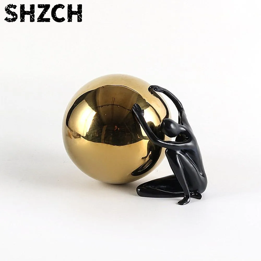 Modern Abstract Resin Statue Holding Golden Ball Nordic Luxury Metal Art Sculpture Home Decor
