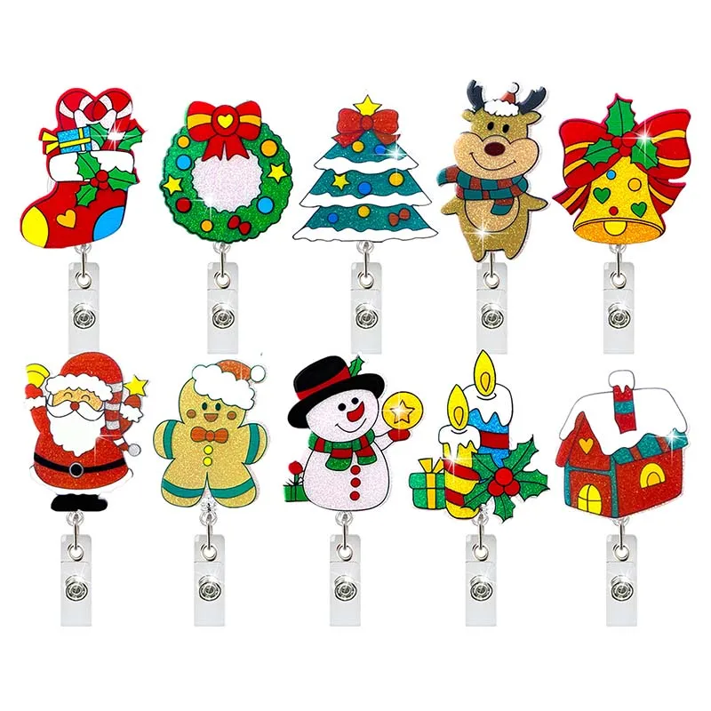 

10 Colors New Glitter Acrylic Christmas Badge Reel Retractable ID Badge Holder With 360 Rotating Alligator Clip Name Holder
