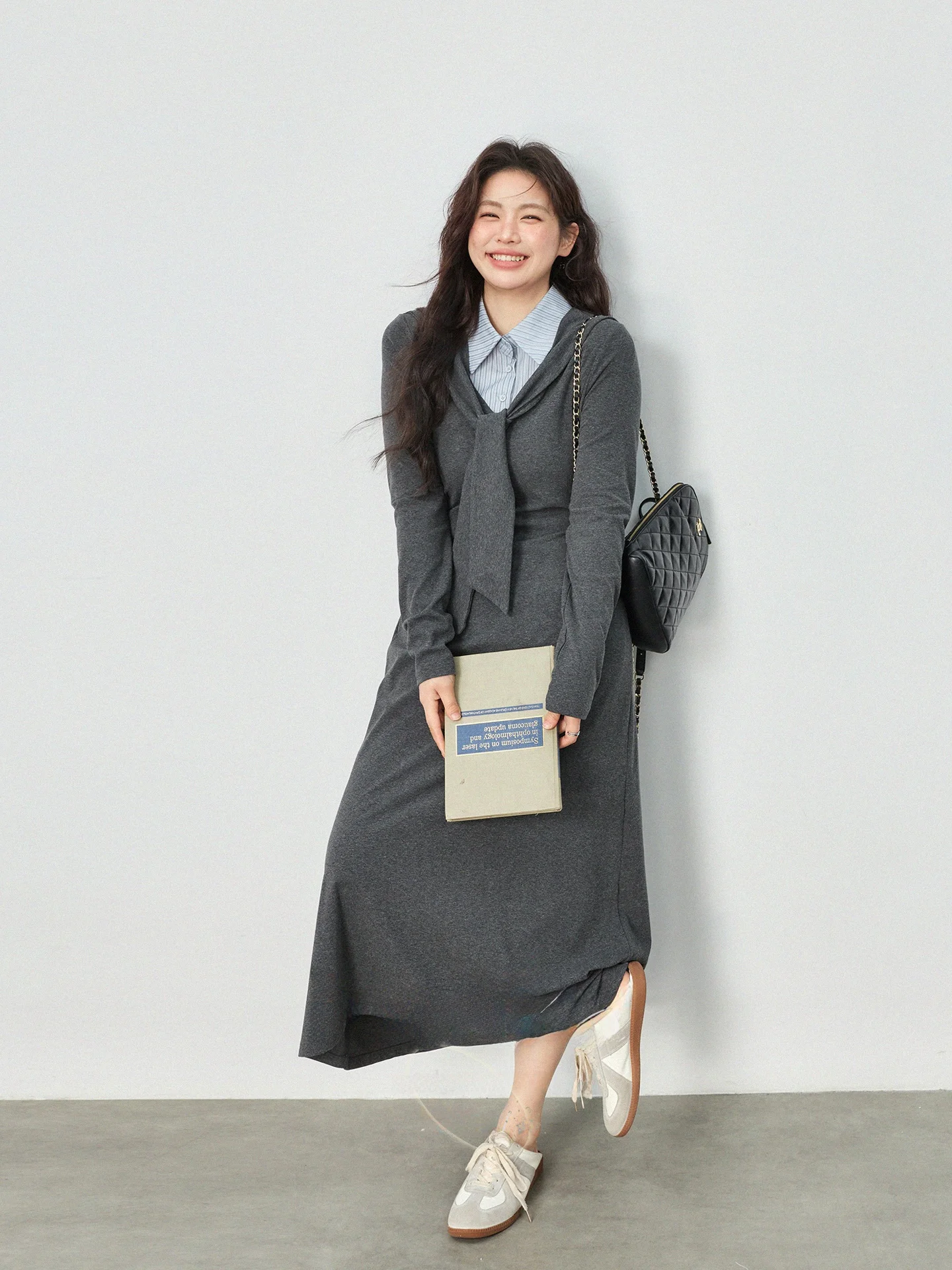 

Юбка-трапеция большого размера с высокой талией, имитация двух частей, вязаная, свободного кроя, в студенческом стиле, для создания стройного и молодого образа