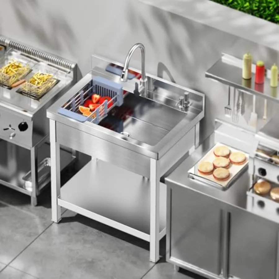 حوض أدوات من الفولاذ المقاوم للصدأ للمطابخ التجارية والحمامات وغرف الغسيل: تصميم وعاء واحد مع بارد متكامل وH #2