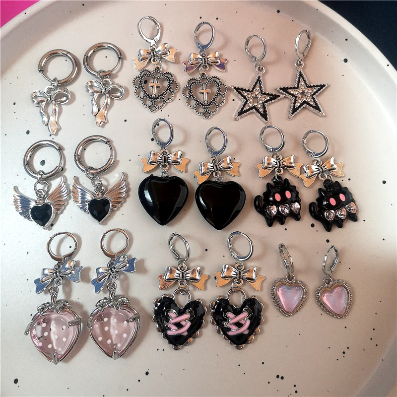 Goth Vintage Cute Bowknot Pink Strawberry Heart Star Pendant Earrings Egirl Gothic 2000s Y2K EMO Rave Jewelry Scene Accessories