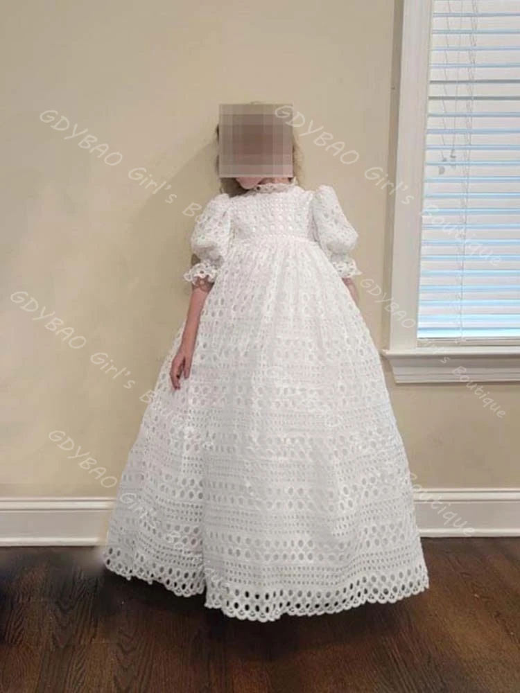 Aangepaste kanten bloemenmeisjesjurk hoge taille ballonmouwen eerste heilige communiejurk 2-14 kinderen klassieke bruiloftsbaljurk