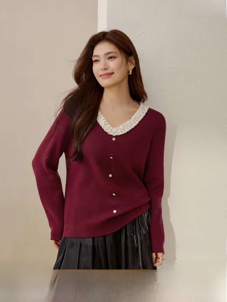 

Женский свитер Ele V-ne с кружевом, универсальный, больших размеров, модный топ, весенняя новинка, корейский стиль, приталенный, длинный рукав