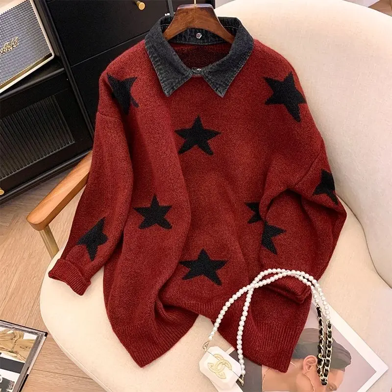 Polo Collar Denim Sweaters Women\'s Autumn Winter Fashion Casual Color Blocked Printed Pentagram Long Sleeve Loose Knitted Tops