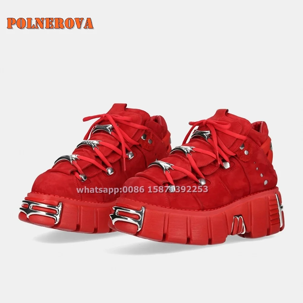 

Red Metal Decoration Rivet Pumps Round Toe Thick Sole Cross Tied Platform Pantshoes Punk Casual Couple Style Chunky Sneakers