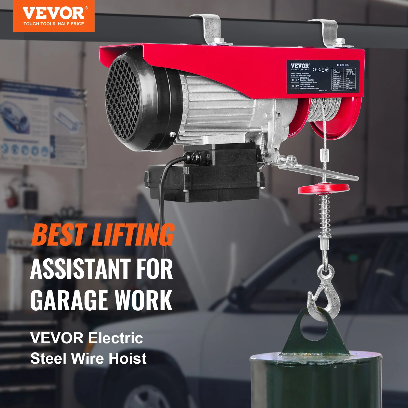 VEVOR 1320-2200 lbs Wireless Electric Hoist with 40ft Single Cable Lifting Height Steel Wire Winch for Garage Warehouse Factory