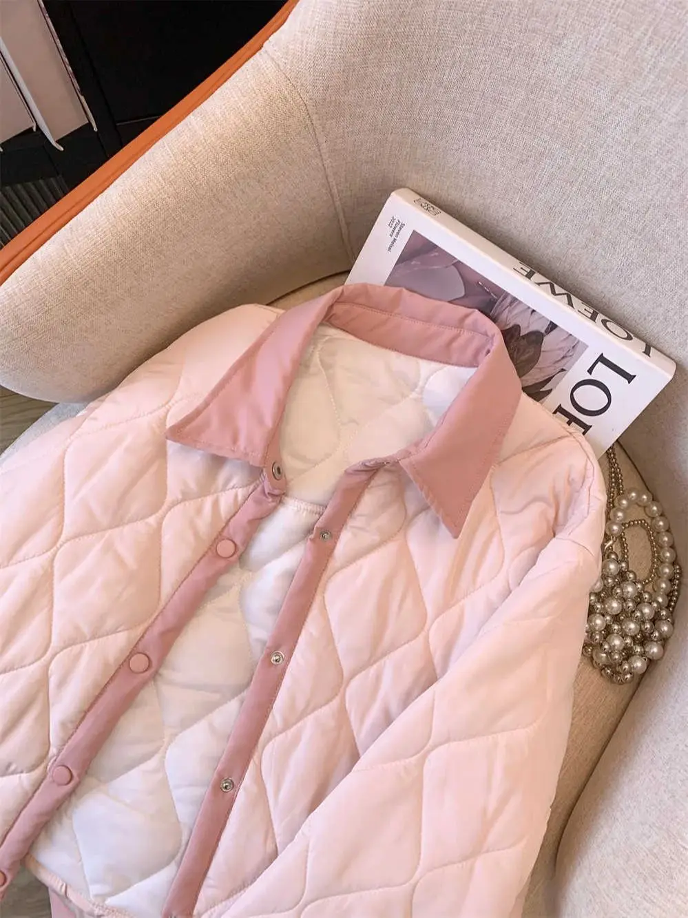 Women Autumn Winter Lightweight Quilted Jacket Warm Outerwear 2024 Fashion Pink Cotton Padded Coats Turn Down Collar Cotton Coat