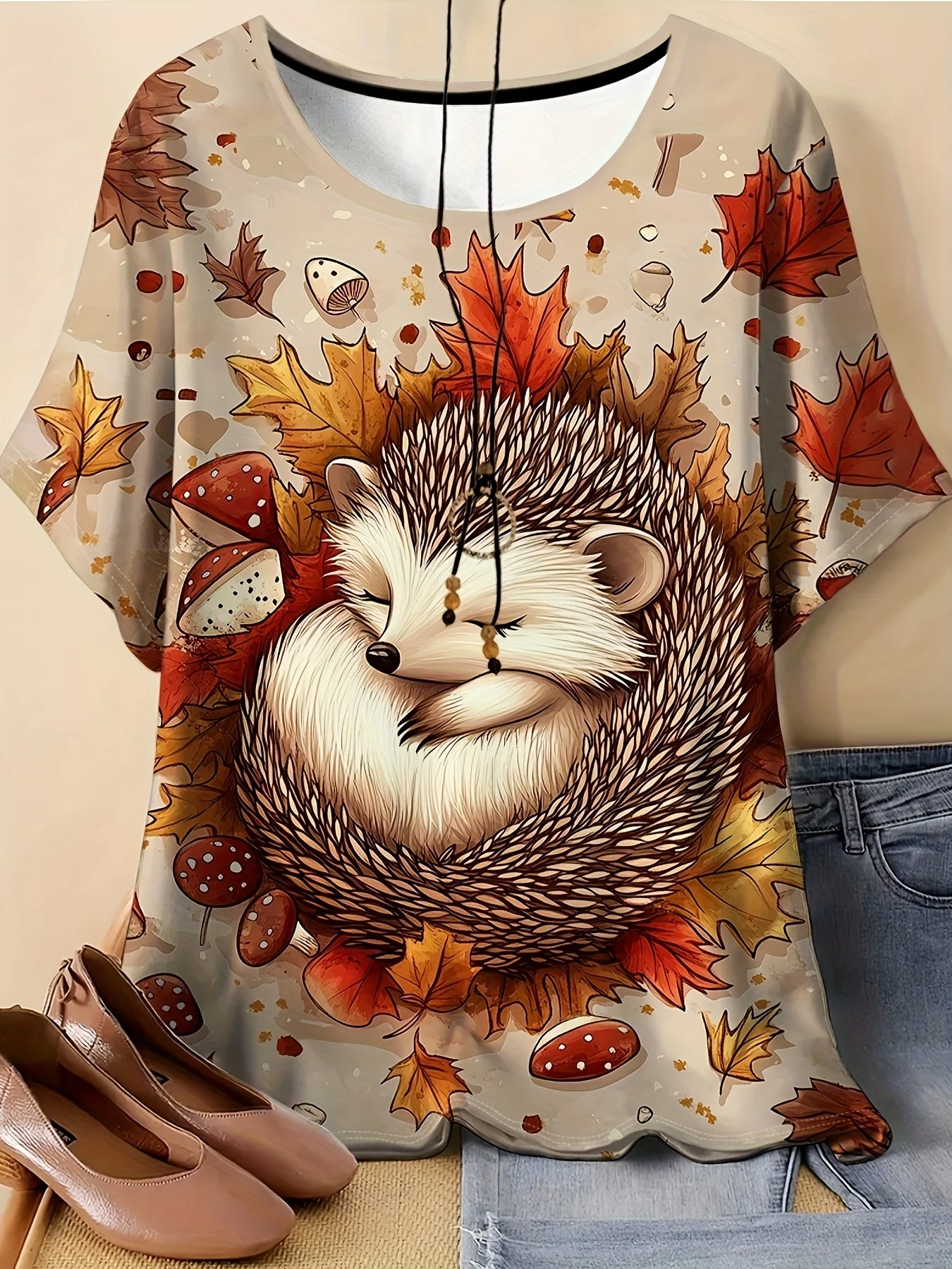 Women Short Sleeve Blouse Cute Hedgehog Autumn Maple Leaf Mushroom Print Round Neck Loose Casual Fall Tops