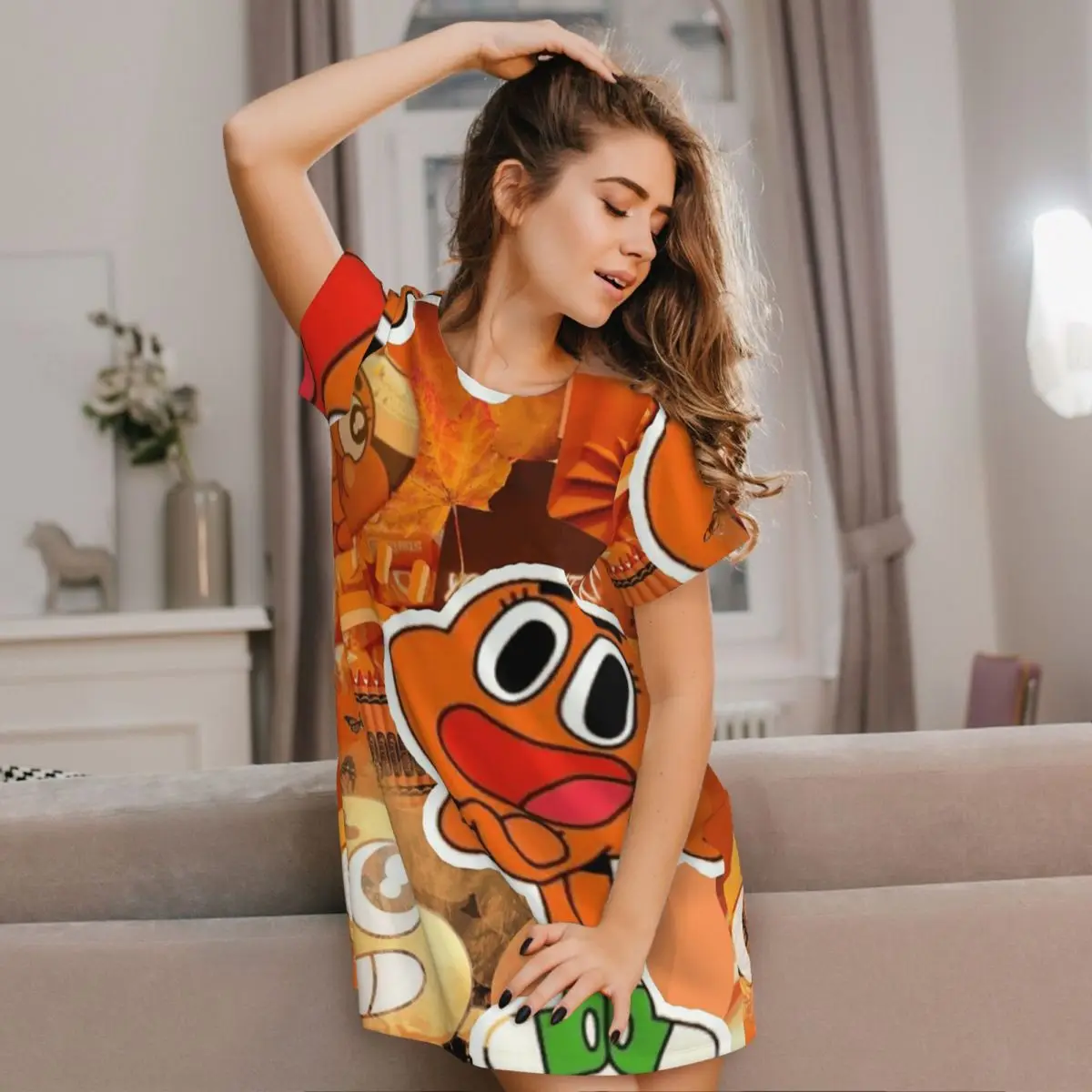 Darwin Watterson The Amazing World Of Gumball Short Sleeves Nightdress For Sleeping Women Short Sleeve Nightgowns Pajama Dress