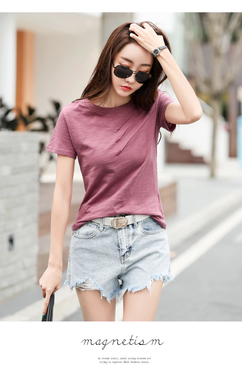 AOSSVIAO 2026 Summer Solid Color Women's T-Shirts Slub Cotton O-Neck Short Sleeve T-Shirt Loose Casual Simple Button Basic Top