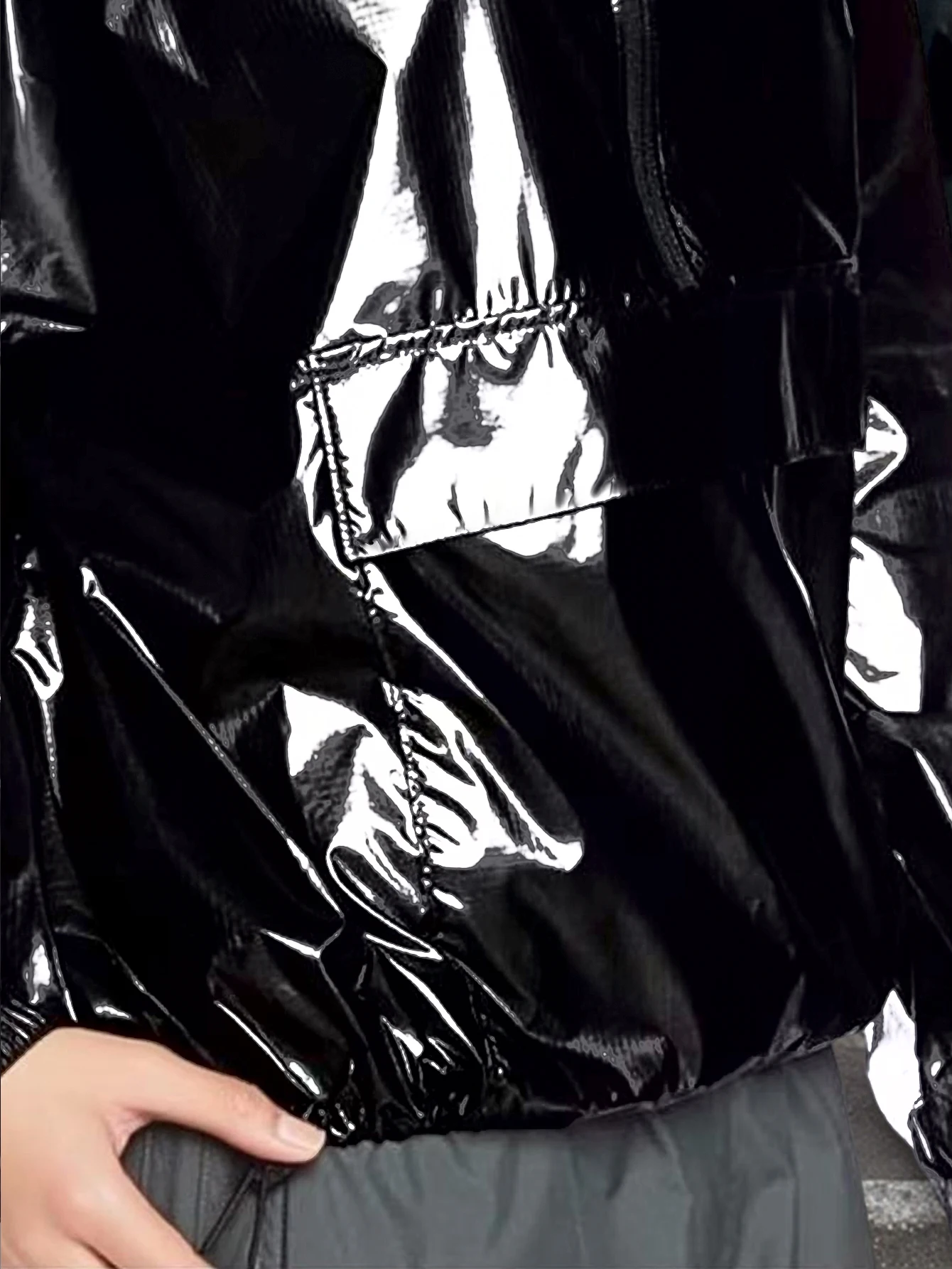 Women Fashionable Shopping, Party, Black Glossy Faux Leather Pullover, Elastic Rope, Ladies' PU Casual Shirt Top - view 3