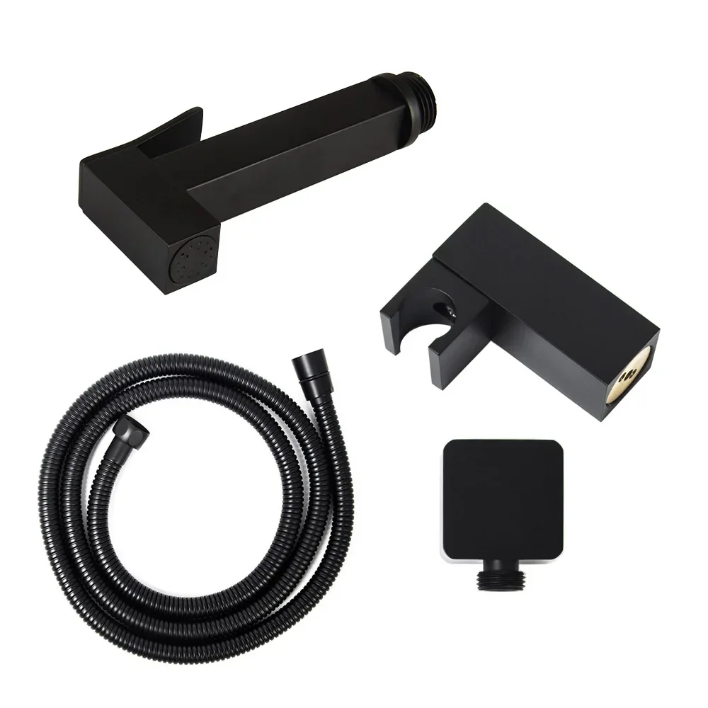 Matte Black Bidet Sprayer Kit. 100% Solid Brass Square Bidet Faucet