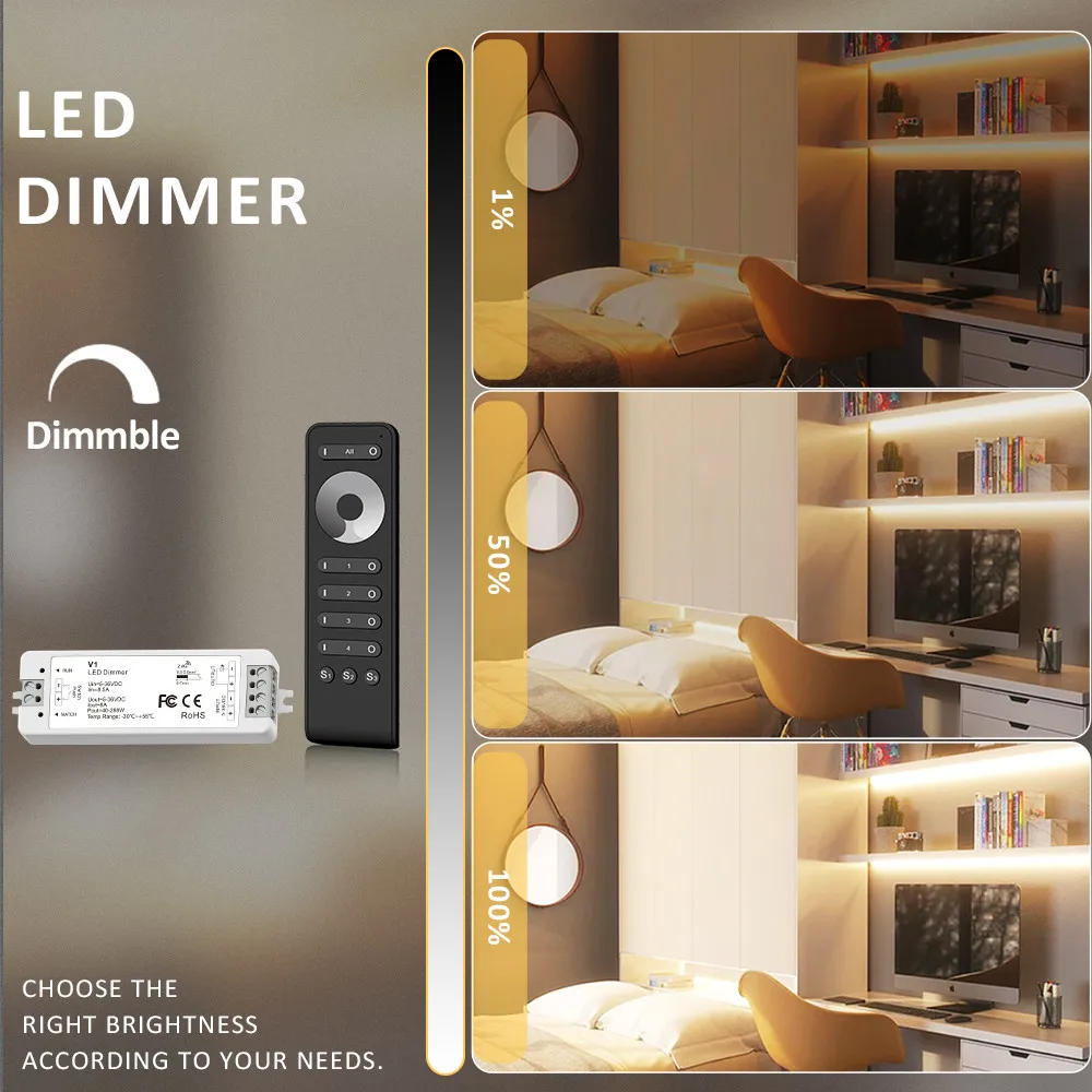 4Zone LED Dimmer 12V 24V 36V Single Color LED Strip Dimming Kit Wireless Wifi 2.4G RF Remote Control Push Switch Dim V1 Dimmable