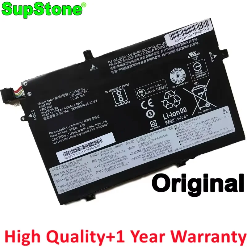 SupStone L17M3P53 L17C3P52 L17M3P54 SB10K97611 SB10K97612 01AV464 01AV465 01AV466 Battery For Lenovo ThinkPad L480 L580